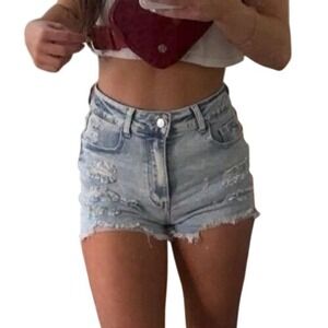 New Small Distressed Raw Hem Denim Shorts Blue Acid Wash Jeans High Rise Stretch